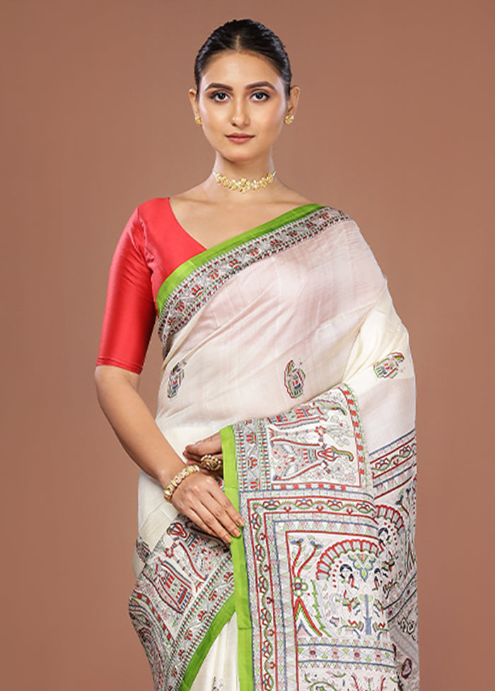 White Printed Pure Silk Saree Without Blouse Piece