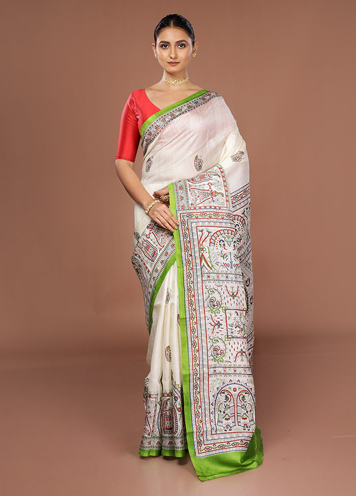 White Printed Pure Silk Saree Without Blouse Piece
