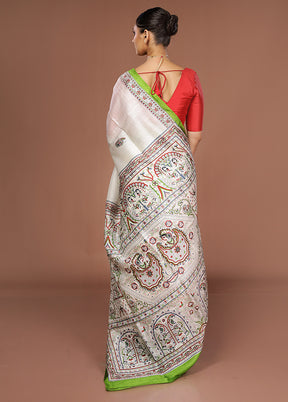 White Printed Pure Silk Saree Without Blouse Piece