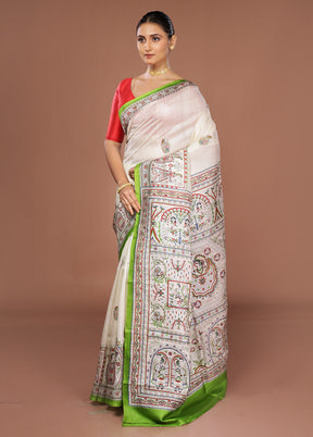 White Printed Pure Silk Saree Without Blouse Piece