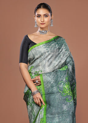 Grey Printed Silk Saree Without Blouse Piece
