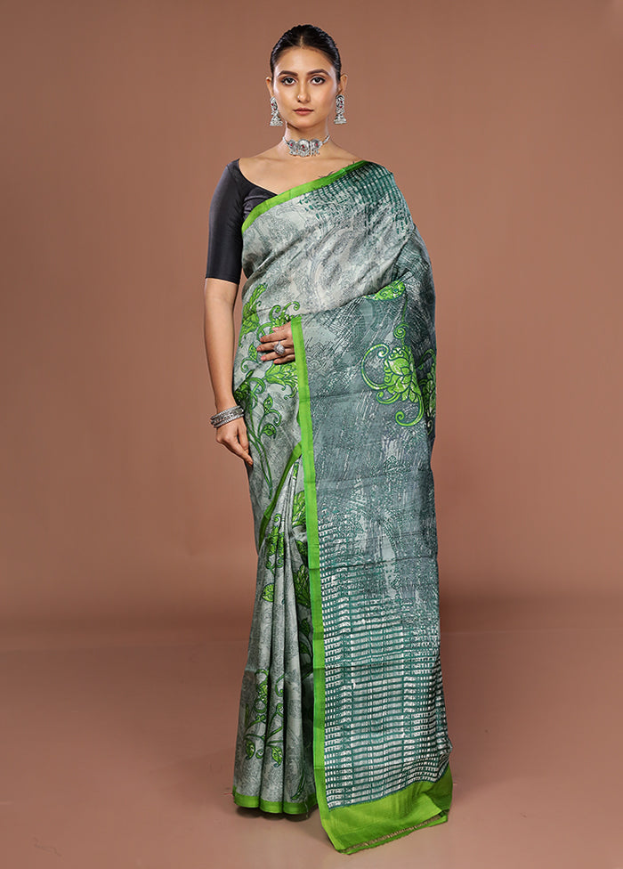 Grey Printed Silk Saree Without Blouse Piece