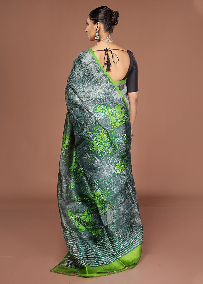 Grey Printed Silk Saree Without Blouse Piece