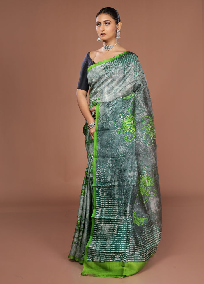 Grey Printed Silk Saree Without Blouse Piece