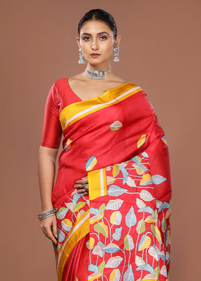 Red Printed Silk Saree Without Blouse Piece