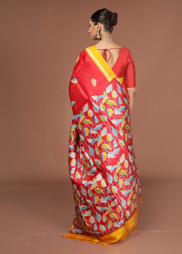 Red Printed Silk Saree Without Blouse Piece
