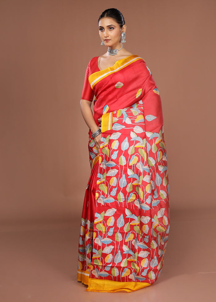 Red Printed Silk Saree Without Blouse Piece