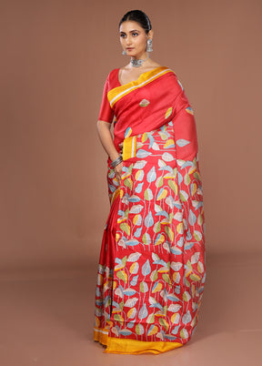 Red Printed Silk Saree Without Blouse Piece
