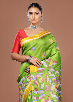Green Printed Silk Saree Without Blouse Piece