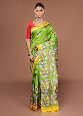 Green Printed Silk Saree Without Blouse Piece