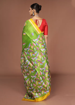 Green Printed Silk Saree Without Blouse Piece