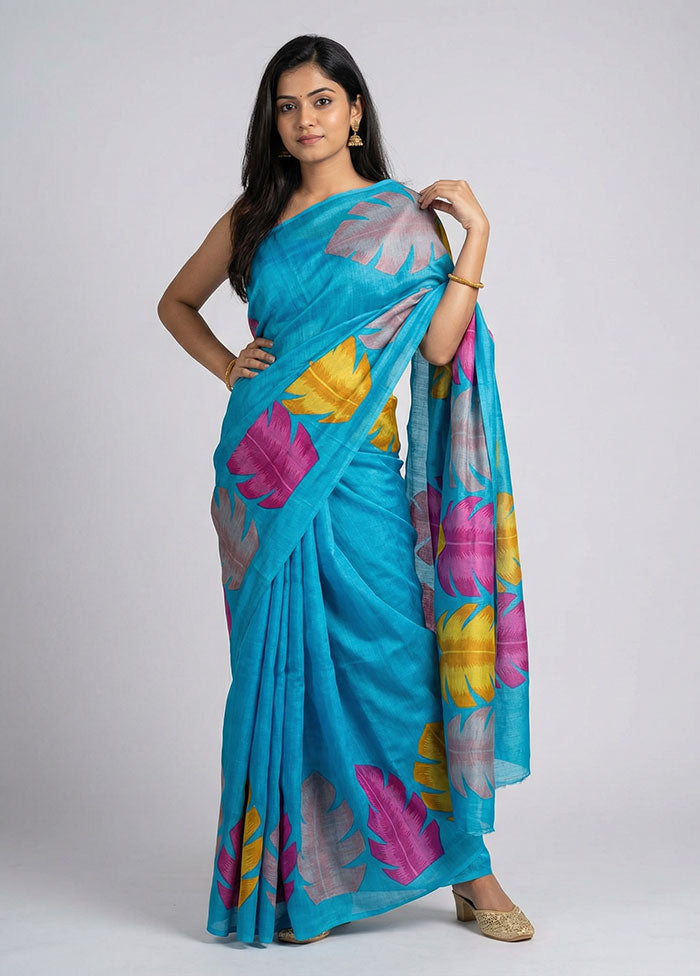 Blue Printed Silk Saree Without Blouse Piece