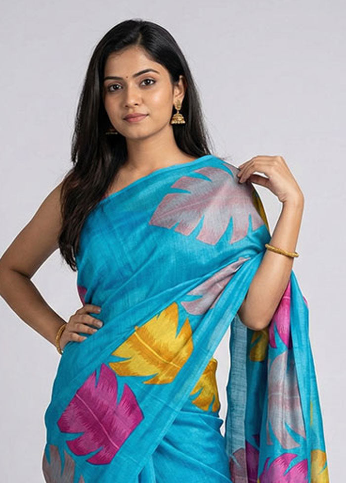 Blue Printed Silk Saree Without Blouse Piece