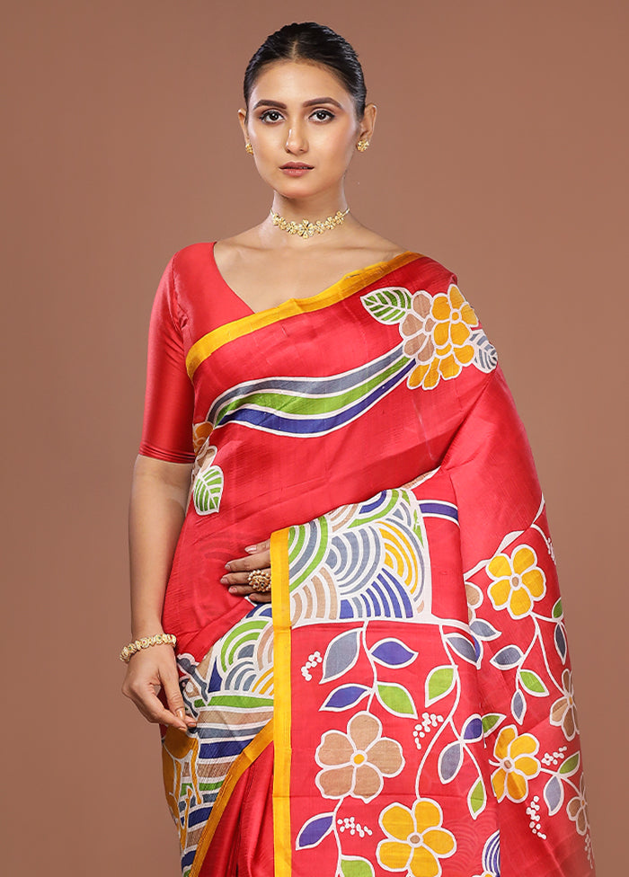 Red Printed Silk Saree Without Blouse Piece