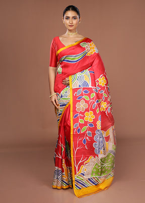 Red Printed Silk Saree Without Blouse Piece