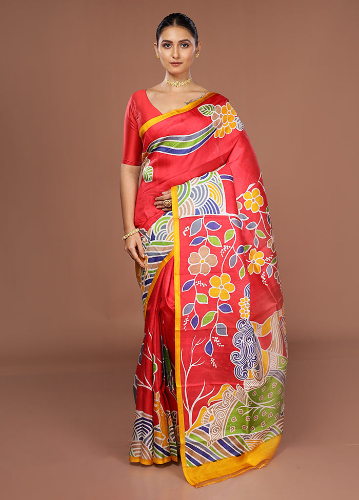 Red Printed Silk Saree Without Blouse Piece