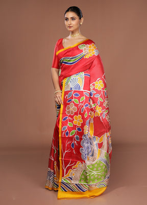 Red Printed Silk Saree Without Blouse Piece