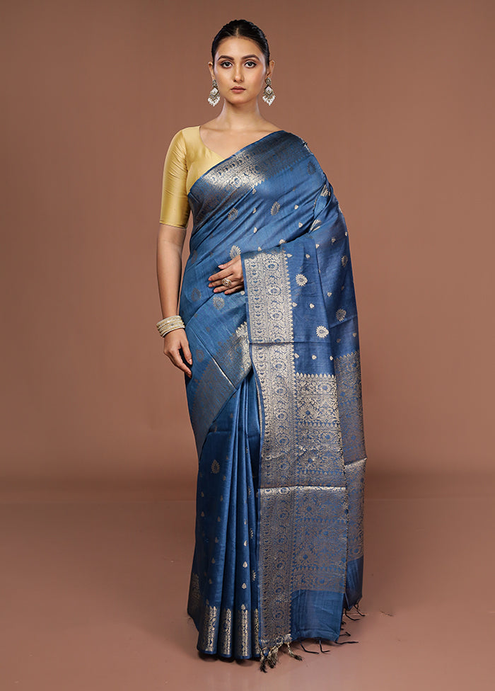 Blue Tussar Silk Saree With Blouse Piece