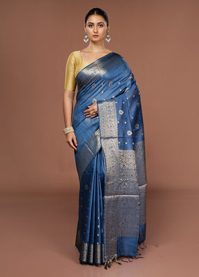 Blue Tussar Silk Saree With Blouse Piece