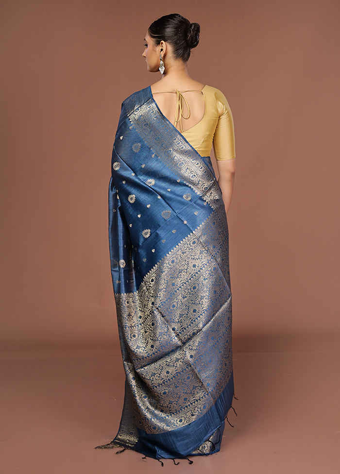 Blue Tussar Silk Saree With Blouse Piece