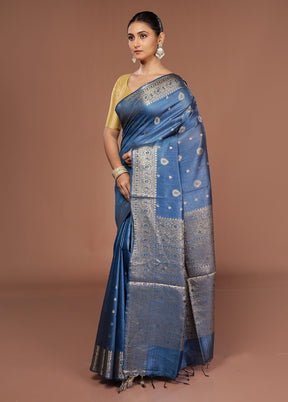 Blue Tussar Silk Saree With Blouse Piece