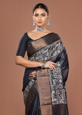 Black Tussar Silk Saree With Blouse Piece