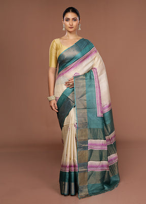 Cream Tussar Silk Saree With Blouse Piece
