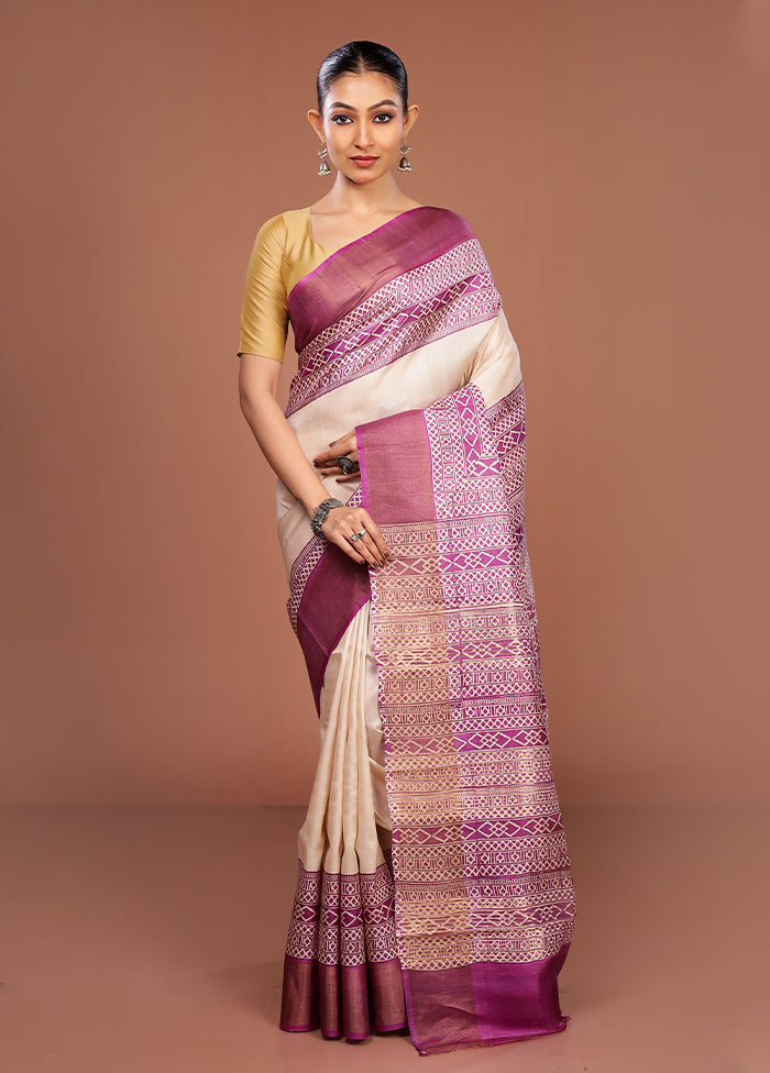 Cream Tussar Silk Saree With Blouse Piece