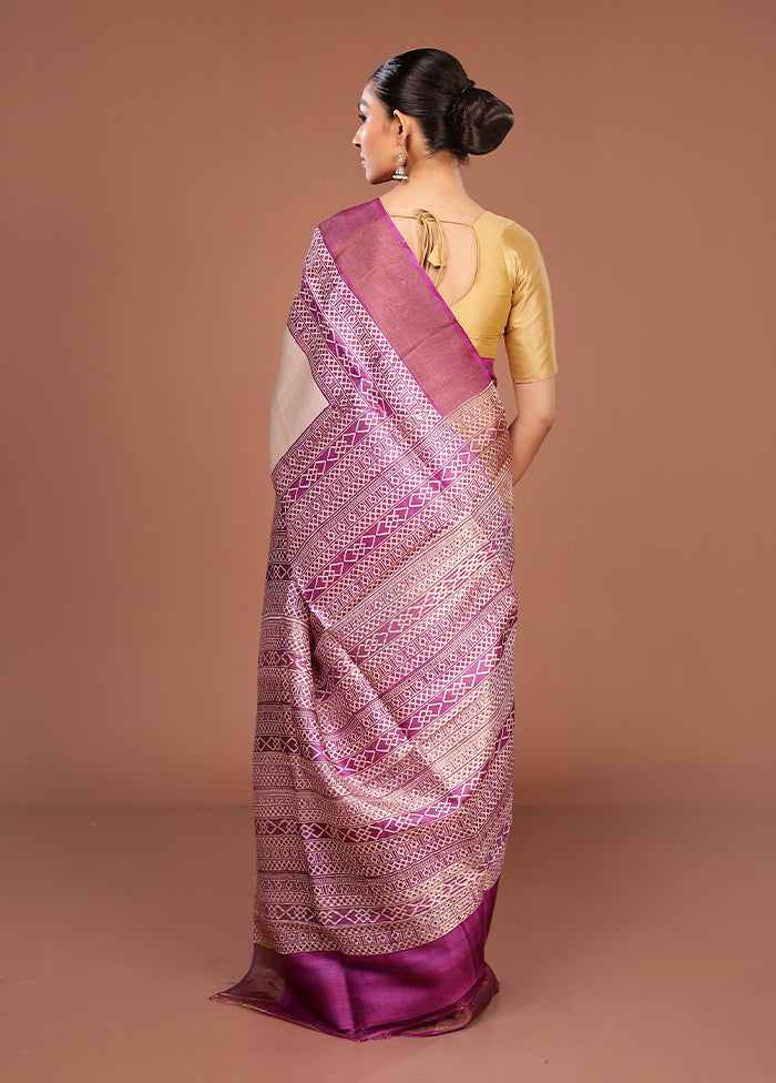 Cream Tussar Silk Saree With Blouse Piece