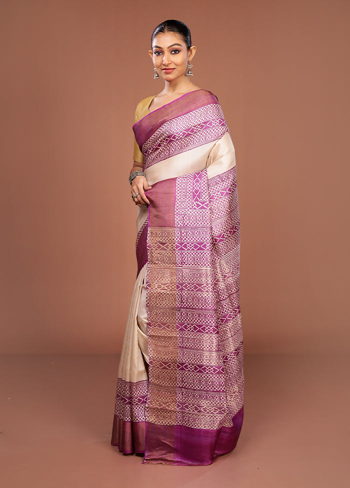 Cream Tussar Silk Saree With Blouse Piece