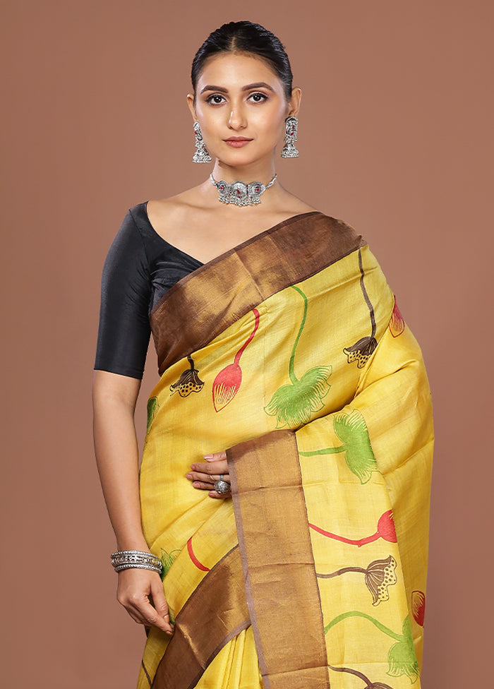 Yellow Tussar Silk Saree With Blouse Piece