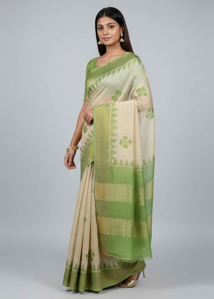 Cream Tussar Silk Saree With Blouse Piece