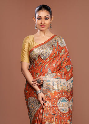 Orange Tussar Silk Saree With Blouse Piece