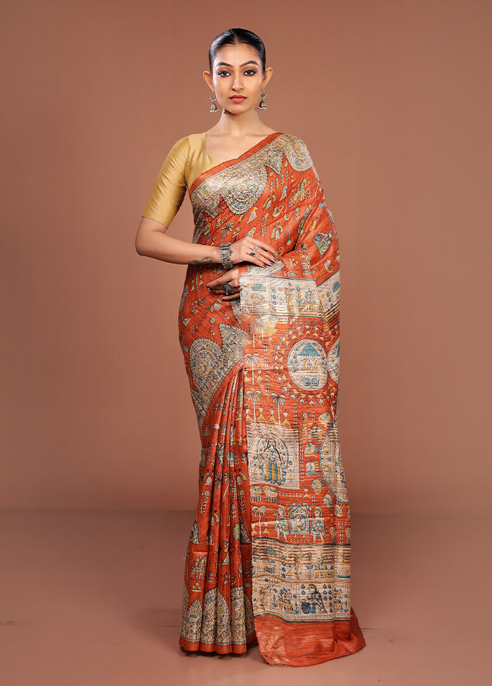 Orange Tussar Silk Saree With Blouse Piece