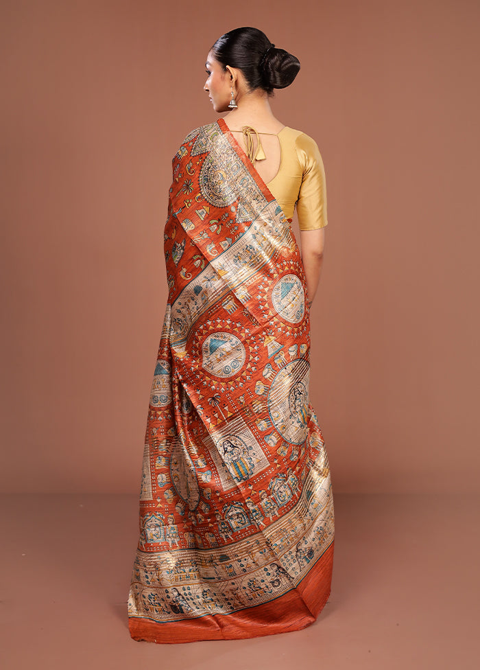 Orange Tussar Silk Saree With Blouse Piece