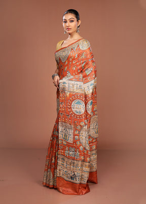Orange Tussar Silk Saree With Blouse Piece