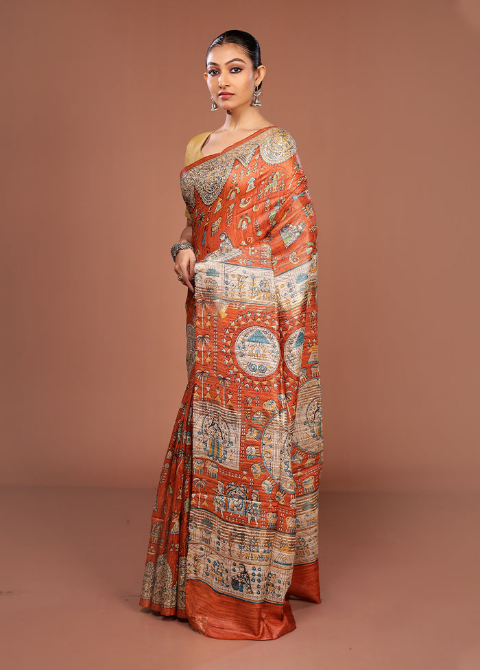 Orange Tussar Silk Saree With Blouse Piece