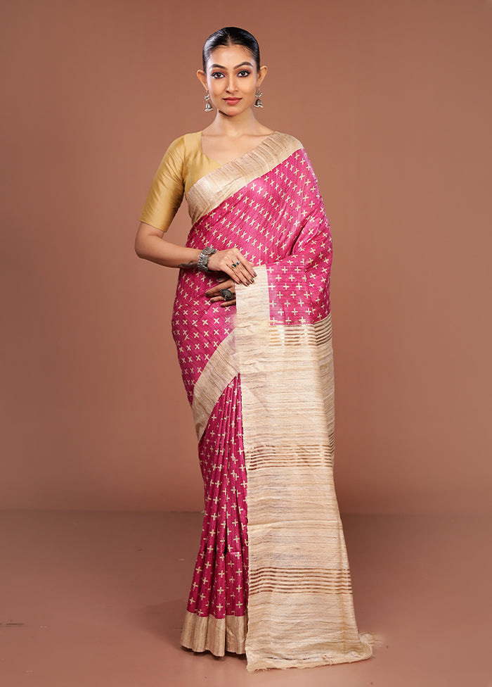 Pink Tussar Silk Saree With Blouse Piece