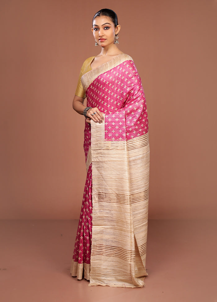 Pink Tussar Silk Saree With Blouse Piece
