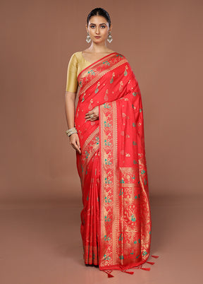 Red Dupion Silk Saree With Blouse Piece