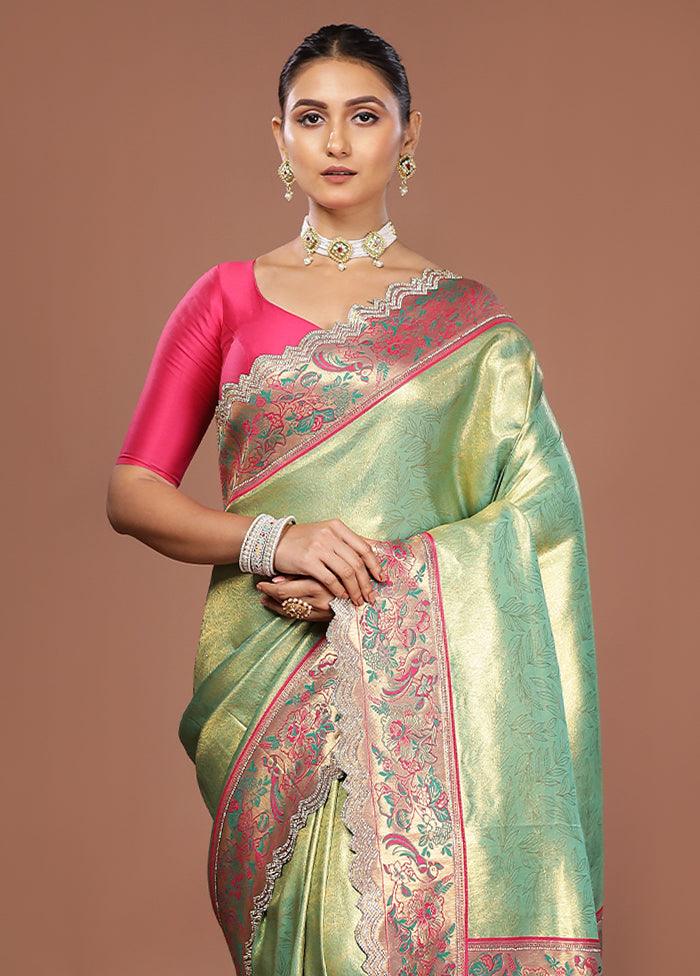 Green Handloom Dupion Pure Silk Saree With Blouse Piece