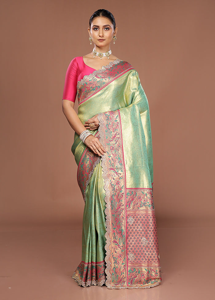 Green Handloom Dupion Pure Silk Saree With Blouse Piece