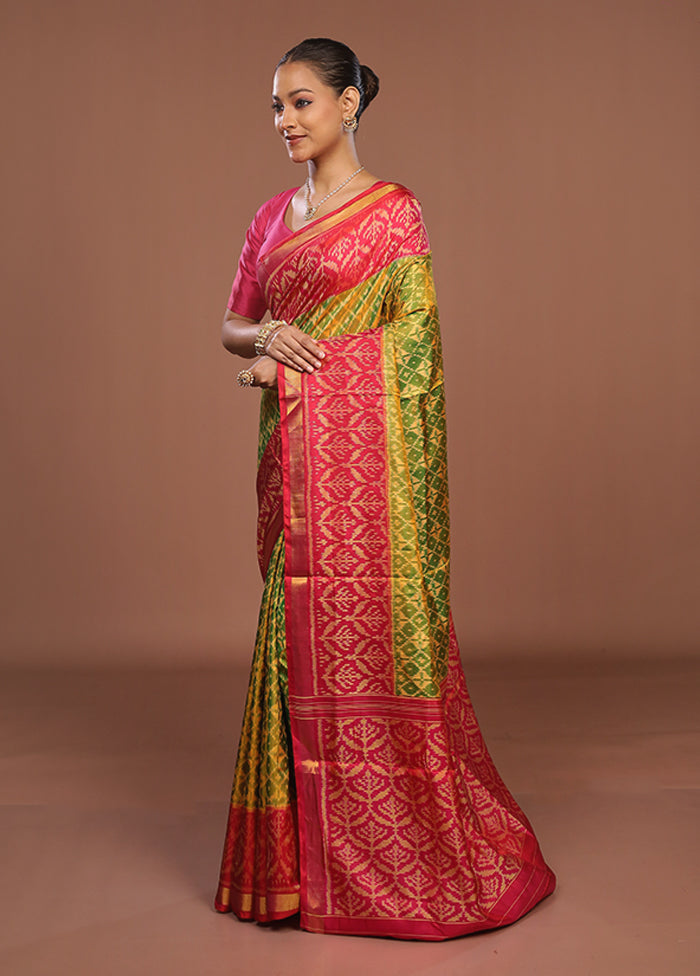 Green Handloom Patola Pure Silk Saree With Blouse Piece