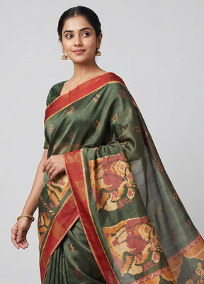 Green Handloom Patola Pure Silk Saree With Blouse Piece