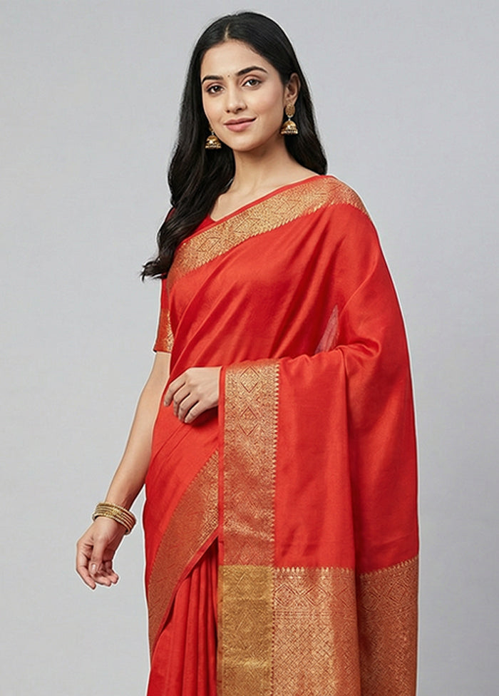 Red Dupion Silk Saree With Blouse Piece