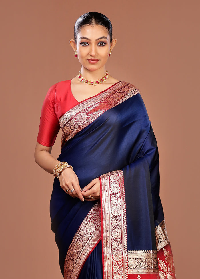 Blue Banarasi Silk Saree With Blouse Piece