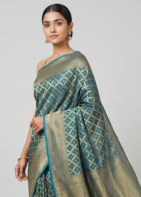 Blue Kora Silk Saree With Blouse Piece