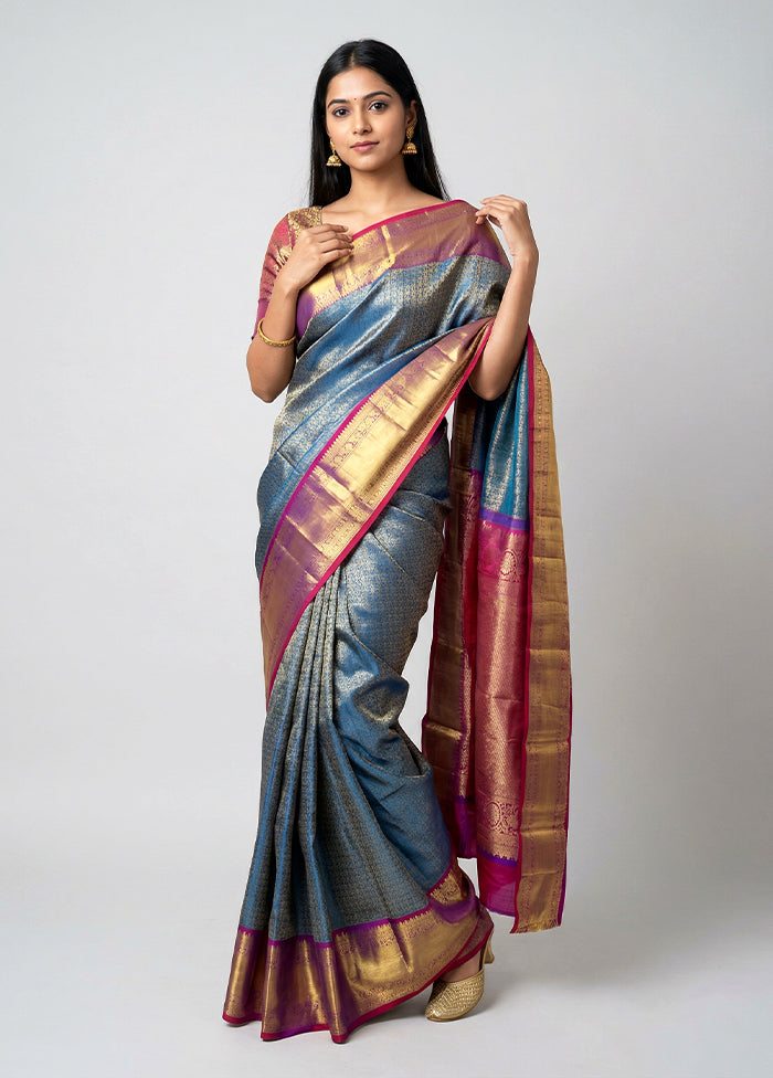 Blue Handloom Kanchipuram Pure Silk Saree With Blouse Piece