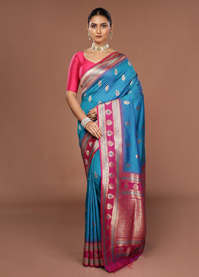 Blue Dupion Silk Saree With Blouse Piece