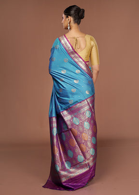 Blue Dupion Silk Saree With Blouse Piece